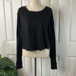 JoyLab Black Boxy Fit Cotton Cropped Long Sleeve Thumbholes Shirt Size L
